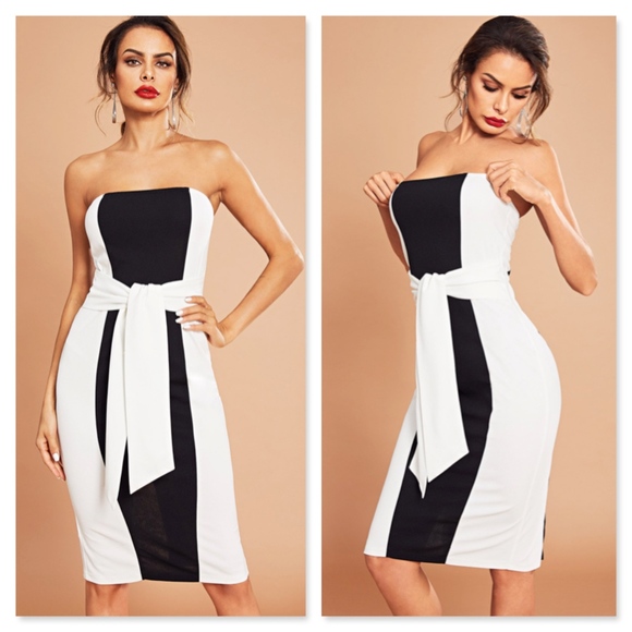 Strapless Color Block Self Tie Bodycon Midi Dress - Picture 3 of 8